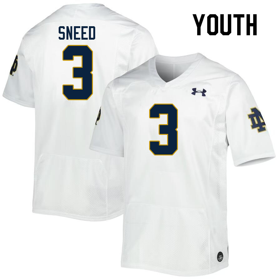 Youth #3 Jaylen Sneed Notre Dame Fighting Irish College Football Jerseys Stitched-White - Click Image to Close